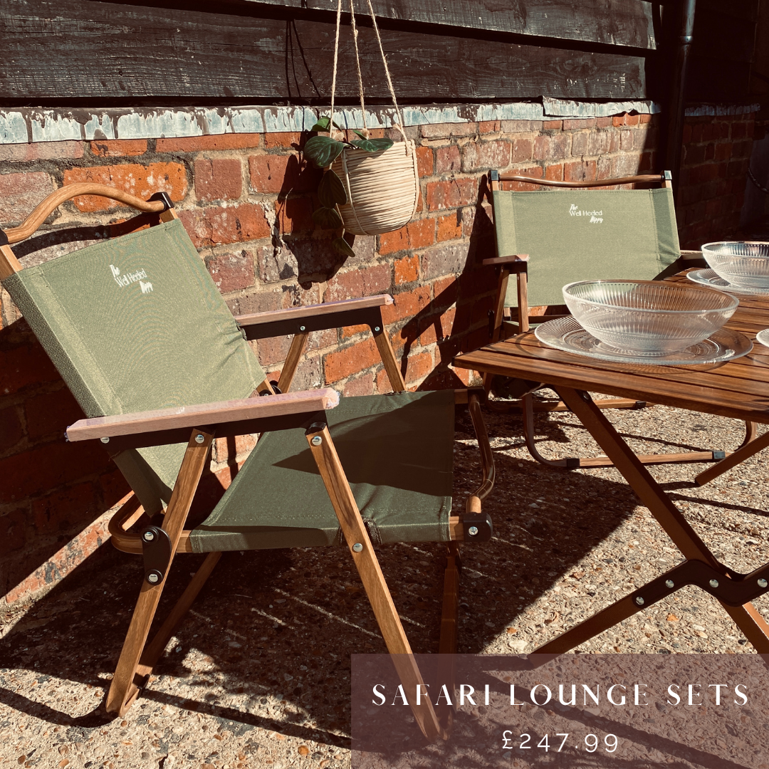 A pair of foldable, portable, luxury, lounging, safari chairs by The Well Heeled Hippy - perfect for patio, festivals, camping and picnicking... shown here in khaki green